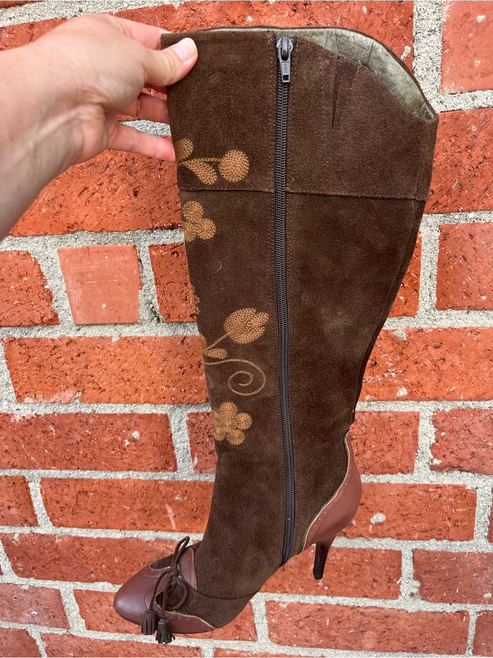 Sam Edelman Victorian Embroidery Suede Knee Boots, Size 7.5